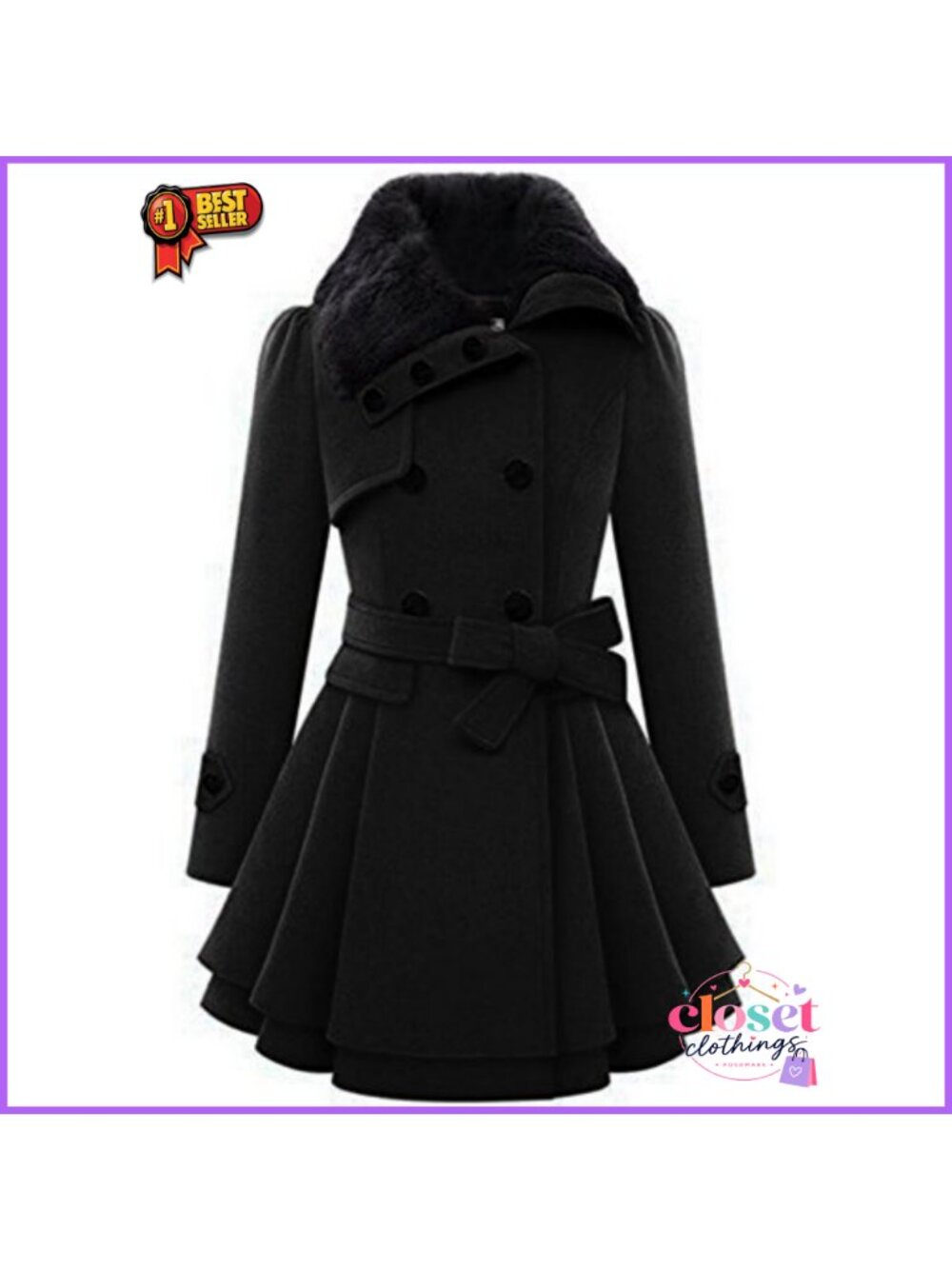 Faux Fur Lapel Double-Breasted Peacoat with Belt Winter Coat